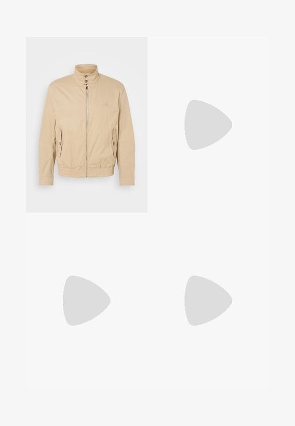 Bēša viegla jaka ar augstu apkakli, priekšējo rāvējslēdzēju, sānu kabatām un elastīgu aproču. Strukturēta auduma ar vieglu mirdzumu.; Boggi Milano Tops ar garām piedurknēm - white; Bežā krāsā auduma bikses ar taisnu kāju griezumu, pievienotām pogu aizdares un priekšējiem krokām papildu detaļām.; Bežīga ādas kedas ar noapaļotu purngalu, minimālistisku dizainu, smalkiem stīgām un teksturētu virsmu uz gaišas zoles.