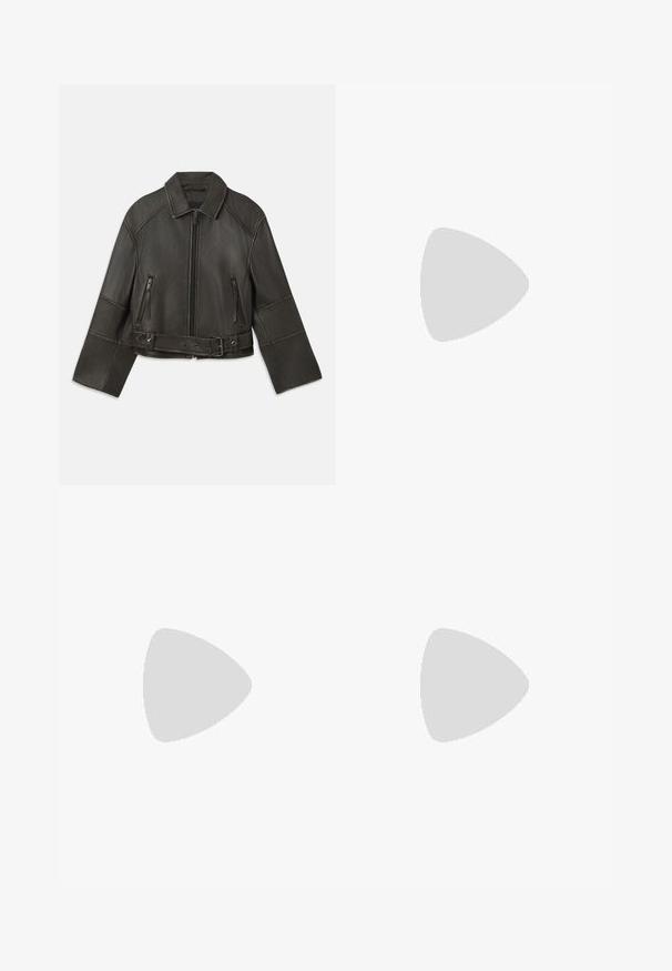 Black cropped leather jacket with a collar, zipper closure, two zippered pockets, and a belt at the waist featuring adjustable snaps and stitching details.; White cotton t-shirt with short sleeves, round neckline, relaxed fit, and stitched hem. Label visible on the inside neck.; Black trousers with a flat front, straight legs, and pockets. Made from a soft fabric, featuring a single button closure and belt loops.; Beige pointed-toe pump made of smooth synthetic material, featuring a low heel and a slip-on design with a subtle back detail.