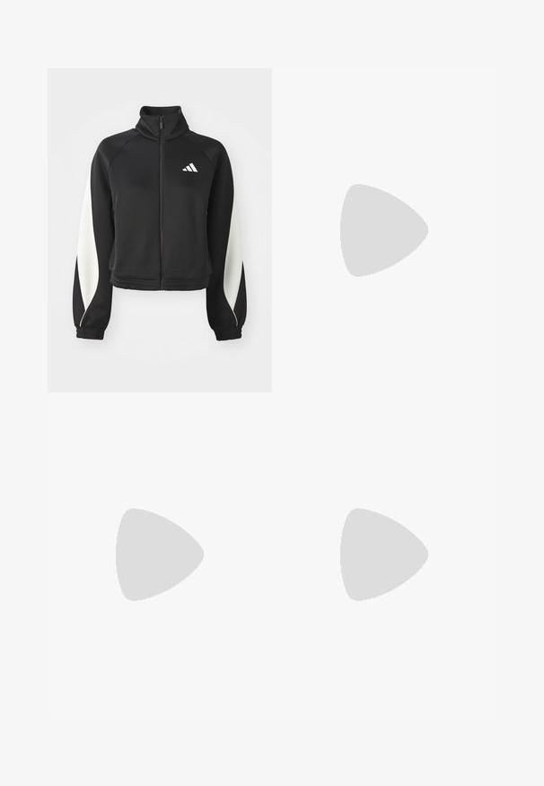 Czarna sportowa kurtka z zamkiem błyskawicznym i białymi akcentami, z wysokim kołnierzem i dopasowanymi mankietami. Wykonana z gładkiego materiału z logo na górnej lewej stronie.; Fioletowy sportowy top bez rękawów z wzorzystym, teksturowanym materiałem. Posiada wycięcia po bokach oraz małe białe logo z przodu.; adidas Sportswear - Spodnie treningowe; Jasnoniebieskie buty sportowe z teksturowaną cholewką z dzianiny, białymi akcentami i przezroczystą zieloną podeszwą środkową. Okrągły czubek i wyściełany kołnierz.