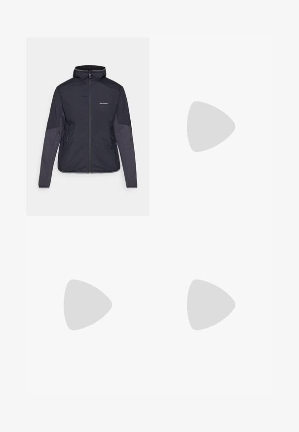 Tmavě modrá zateplená bunda s vysokým límcem, zipovým zapínáním a dvěma bočními kapsami. Rukávy mají kontrastní texturované panely. Voděodolný materiál.; Šedý zkrácený top s žebrovanou texturou, bez rukávů a kulatým výstřihem, s švovými detaily pro strukturovaný střih.; Vysoké, těsně padnoucí legíny v tlumené mauve barvě, vyrobené z hladkého, elastického materiálu. Bezšvový design bez viditelných částí.; Světlé šedé a růžové běžecké boty New Balance s tlustou bílou podrážkou a černou podrážkou, boční pohled na jednolitém pozadí.