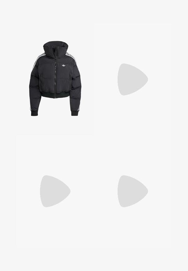 Mustan puffer-takin, jossa on korkea kaulus, etuvetoketju, kaksi vetoketjullista taskua ja valkoiset sivuraidat. Tässä on ribatut hihansuut ja helma.; Kermanvärinen neulepaitaa, jossa on V-kaula-aukko, ribbaatuhatut hihansuut ja helma, sekä löysä istuvuus. Tunnuslappu lukee "My Essential Wardrobe," koko M.; Mustat leveät collegehousut, jotka on valmistettu pehmeästä kankaasta. Niissä on elastinen vyötärö ja pieni logo vasemmalla puolella.; Musta nahkasneakeri, jossa on valkoiset raidat, kuminen varvassuoja, mustat nauhat ja kermaisa ulkopohja. Suora pinta ja kiiltävä viimeistely.