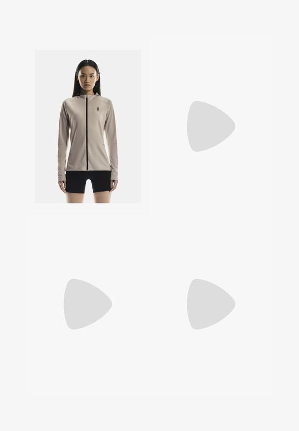 On CLIMATE ZIP - Laufjacke - cinder; On STUDIO CROP - Top - niagara; On STUDIO - Tights - niagara; Hellbeige Sportschuh mit Mesh-Obermaterial, minimalistisches Design, abgerundete Zehenpartie und gepolsterte Sohle mit segmentierten Ausschnitten für Flexibilität.