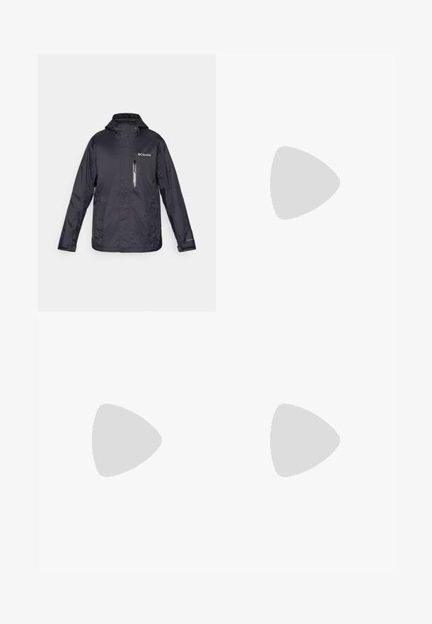 Schwarze leichte Regenjacke mit Kapuze, mit Reißverschluss versehenem Brusttasche und Columbia-Logo auf der oberen linken Seite. Glatte, strapazierfähige Stoffstruktur.; Schwarz-weiß gemusterter Fleece-Pullover mit Viertel-Reißverschluss-Kragen, ausgestattet mit einer Brusttasche und strukturierter Oberfläche. Markenlogo auf der Vorderseite.; Schwarze Sporthose mit Kordelzug, seitlichen Taschen, leicht zerknittertem Stoff und einem kleinen sichtbaren Logo auf dem rechten Oberschenkel.; Schwarze Wanderschuhe mit glattem Obermaterial, perforiertem Design, grauer Laufsohle und verstärktem Fersenbereich. Mit Schnürsenkeln und einer Schlaufe für einfaches Anziehen.
