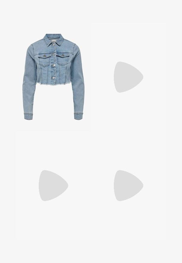 Krótkowana kurtka dżinsowa w jasnoniebieskim kolorze. Posiada klasyczny kołnierzyk, zapinanie na guziki, dwie kieszenie na piersi oraz postrzępiony dół. Wykonana z miękkiej bawełny.; Biała, prążkowana bluzka z krótkim rękawem i okrągłym dekoltem, z trzema dekoracyjnymi guzikami z przodu. Gładka tekstura, dopasowany krój.; Jasnoniebieskie dżinsowe spodnie o szerokich nogawkach z wysokim stanem, wyblakłe miejsca, pięć kieszeni oraz kontrastowe przeszycia. Klasyczne zapięcie na guzik i zamek błyskawiczny.; Beżowe sneakersy z teksturowanym dzianinowym cholewką, jasnoniebieskimi paskami i brązową gumową podeszwą. Posiadają okrągłe sznurowadła i detal z logo po boku.; Słoneczne okulary w kolorze żółwi z wydłużonymi owalnymi soczewkami, brązowym odcieniem, złotymi akcentami logo na zausznikach oraz smukłymi czarnymi ramionami.