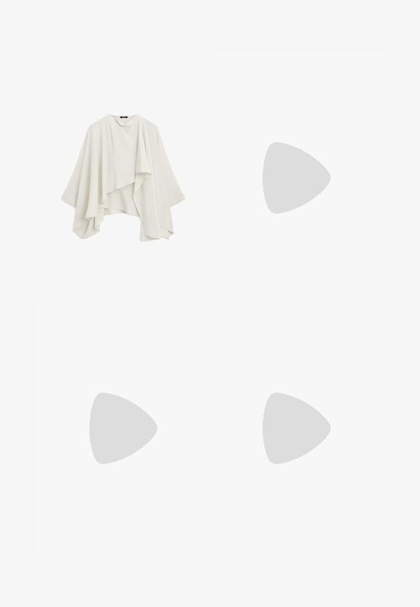 Biała, zwiewna, warstwowa bluzka w stylu kimono z szerokimi rękawami, charakteryzująca się drapowaną konstrukcją i miękkim, teksturowanym materiałem. Brak widocznych zapięć.; Biała, krótki rękaw, koszulka typu V-neck wykonana z bawełny, charakteryzująca się minimalistycznym wzornictwem i gładką fakturą, z prostym dołem i bez ozdób.; Stradivarius - Jeansy Straight Leg; Steve Madden - Sandały