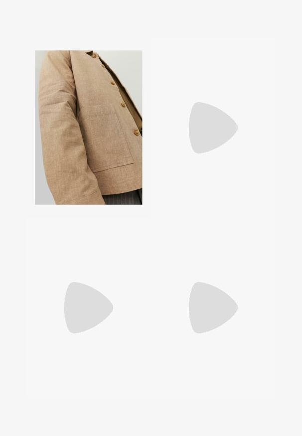 Brown linen jacket with a simple design, featuring a collar, buttons, and a patch pocket on the front. Soft texture and tailored shape.; White short-sleeve T-shirt in a ribbed texture. Round neckline, relaxed fit, no visible patterns or accents. Simple and versatile design.; Beige tapered joggers with an elastic waistband, drawstring, and ankle cuffs, made of soft fabric. Features a smooth texture and minimalist design.; Beige suede sneakers with a rounded toe, lace-up front, and a textured back accent. White rubber sole provides contrast. Simple and modern design.