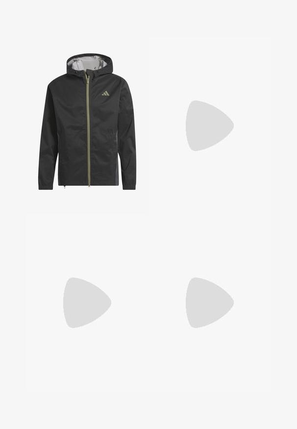 Giacca leggera nera con cappuccio, zip frontale e polsini elasticizzati. Presenta sottili dettagli verdi e un piccolo logo sul petto.; Polo shirt bianco realizzato in cotone liscio, con colletto classico, chiusura a tre bottoni e maniche corte. Logo del marchio discreto sulla manica.; Pantaloni corti azzurri realizzati in tessuto testurizzato, dotati di chiusura con bottone, passanti per cintura e tasche laterali. Design informale, taglio lungo fino al ginocchio.; Sneaker nera in pelle con lacci Skechers, suola bianca, logo laterale e grip testurizzato sulla suola su sfondo chiaro uniforme.