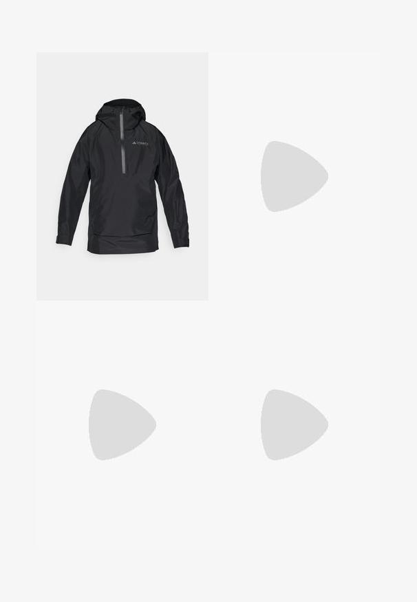 Chaqueta negra impermeable Terrex con capucha, cierre frontal con cremallera y puños elásticos. Textura suave con detalles reflectantes. Diseño ligero.; Camiseta de manga corta morada hecha de tejido suave, con un logo negro "TERREX" en el pecho y un cuello de barco.; Pantalones impermeables negros fabricados con tejido ligero, que presentan una cinturilla elástica y un bolsillo lateral con cremallera. Diseño simple y ajustado.; Zapato de senderismo negro con parte superior de malla y sintético. Presenta una suela texturizada, cordones elásticos, puntera reforzada y franjas laterales prominentes.