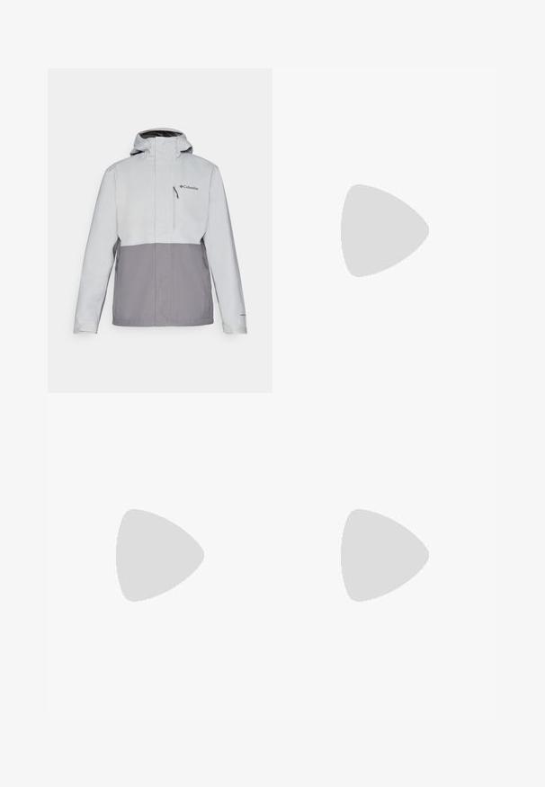 Chaqueta impermeable en gris claro y gris oscuro con un bolsillo en el pecho con cremallera, capucha ajustable y puños elásticos. Presenta un logo en el pecho.; Peak Performance ORIGINAL CREW-BLACK-OFFWHITE - Sudadera - black/offwhite; Pantalones deportivos ligeros y grises con acentos negros. Cintura elástica, cierre con cordón, diseño de pierna ajustada y bolsillos laterales.; Zapatillas impermeables marrones con parte superior texturizada, acentos perforados, soporte para el talón negro y suela de goma gris. Los cordones tienen extremos metálicos.