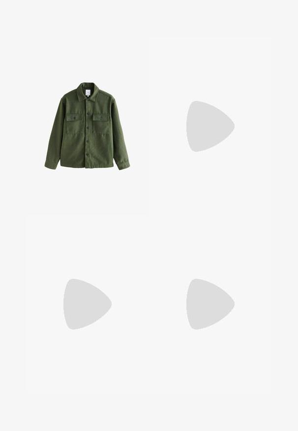 Green wool-blend jacket with a button-up front, two chest pockets, a classic collar, and long sleeves. Textured fabric with a matte finish.; Brown striped polo shirt featuring blue horizontal stripes, short sleeves, a collar, and three-button placket. Soft fabric texture.; Wide-legged pants in dark brown fabric, featuring an elastic waistband and two side pockets. Smooth texture with a tailored design.; Brown leather loafers with a smooth finish, decorative tassels, a rounded toe, and a low black rubber sole.