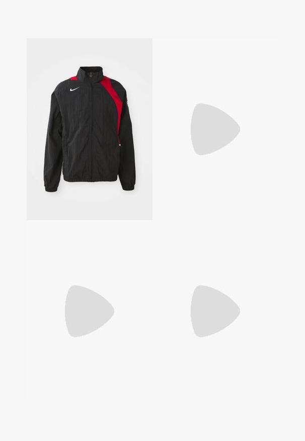 Black windbreaker jacket with red accents, zip closure, high collar, elastic cuffs, and reflective logo detail on the chest. Lightweight, textured fabric.; Three white ribbed tank tops made of cotton. Features a crew neck and small black labels near the hem. Available in multiple sizes.; Dark gray wide-leg pants made of durable fabric, featuring knee patches, a classic front button closure, and stitched accents.; Gray athletic shoe featuring a mesh and suede upper, white accents, a cushioned sole, and a distinctive design with reflective elements.