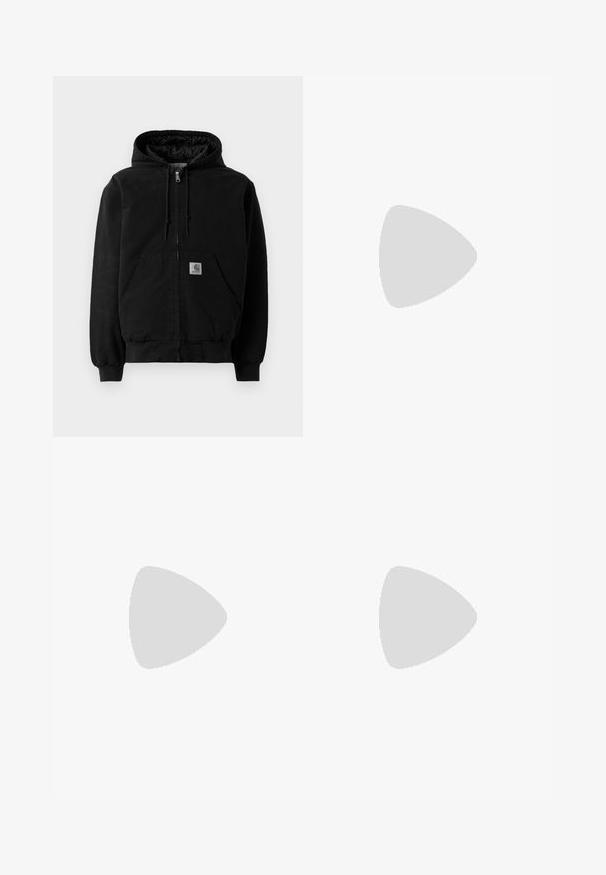 Black zip-up hooded jacket with front pockets, drawstring hood, ribbed cuffs, and a small Carhartt logo patch on the pocket.; White button-up shirt made of cotton, featuring long sleeves, a classic collar, two front pockets, and a Carhartt logo patch.; Blue denim jeans with a straight leg, front patch pockets, and contrasting stitches. The fabric has a classic texture and finish.; Tan suede ankle boot with black padded collar, gold metal eyelets, white stitching detailing, and rugged rubber sole with pronounced treads.
