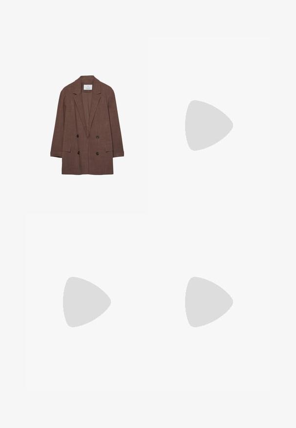 Stradivarius OPEN  - Short coat - dark brown; Light blue button-up shirt with vertical white stripes, a pointed collar, long sleeves, and rounded hem. Made of smooth fabric with a relaxed fit.; Denim mini skirt featuring a pleated design, blue color, dual button closure, and belt loops. Finished hemline adds texture.; Simmi London MAISEY - Heeled mules - brown; Heart-shaped handbag in burgundy leather, featuring a smooth texture, two short handles, and a zip closure with a tassel accent.