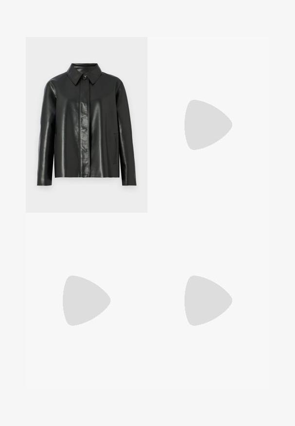 Črna usnjena jakna s ovratnikom, sprednjim zapiranjem na gumb in dvema stranskima žepoma. Gladko teksturo z minimalnimi šivi.; Črna bombažna majica s kratkimi rokavi in V-izrezom. Preprost dizajn z običajnim krojem in brez vzorcev ali dodatkov.; Bež kratke hlače iz tweeda s teksturiranim vzorcem, ki imajo črno cvjetno obrobo na robu. Oblika je splošno krojena.; Črna usnjena črna čevlja na visokem petu z zašiljenim prstom, gladko teksturo in zoženim peto. Minimalističen dizajn, brez dodatnih okraskov.