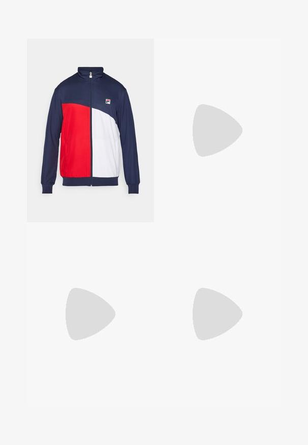 Fila JACKET MARCUS - Giacca sportiva - navy/red; Fila HOLGER - T-Shirt sport - navy; Fila PANTS JAN - Pantaloni sportivi - navy/white; Fila VELOCE MEN - Scarpe da tennis per tutte le superfici - white/navy
