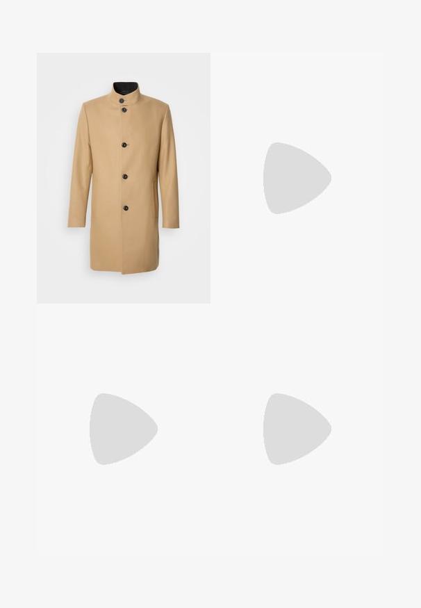 Beige wool coat with a high collar, front button closure, and two side pockets. Smooth texture and a tailored silhouette.; Two black cotton T-shirts with a round neckline. Features a red "HUGO" logo on the chest. Simple design, short sleeves, and regular fit.; Light gray tailored trousers made of textured fabric, featuring a single back pocket and clean stitching.; Black leather lace-up shoe with a rounded toe, smooth texture, minimal stitching, and a low rubber heel. Logo on the heel.