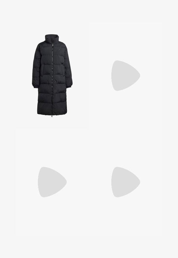 Melnā pūkainā jaka ar augstu apkakli, pilnu priekšējo rāvējslēdzēju un divām sānu kabatām; šūnu dizains ar spīdīgu apdari un ribotām piedurknēm.; Gaišpelēka garām piedurknēm t-krekls, kas izgatavots no mīkstas kokvilnas. Iezīmē vaļīgu piegriezumu, apaļu kakla izgriezumu un viegli saplacinātas piedurknes. Nav rakstu vai grafikas.; Melna sporta bikses ar elastīgu jostasvietu, kurām ir baltas sānu svītras un neliels nosaukums kreisajā augšstilbā. Gluda poliestera auduma.; Melnas ādas sporta kurpes ar baltu trīs svītru dizainu, noapaļota purngala forma, plāns balts gumijas zole un zīmola detaļa sānos.