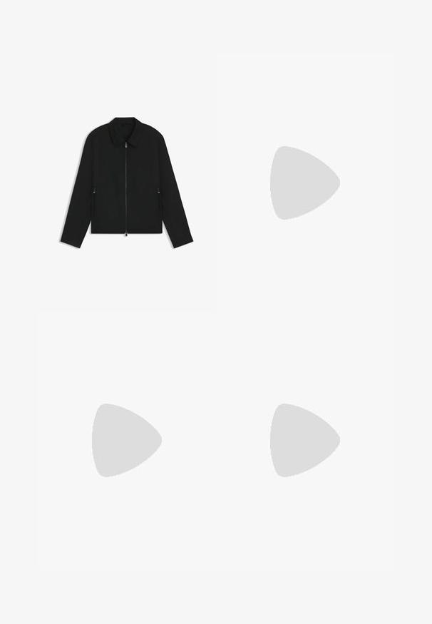 Giacca nera con zip, caratterizzata da colletto, maniche lunghe, due tasche laterali e una texture liscia e leggera. Design minimalista.; Camicia a maniche lunghe con bottoni di colore bianco, con righe verticali rosa, blu e verdi. Presenta un colletto classico e una tasca sul petto.; Pantaloni neri in tessuto lisci, con design a gamba dritta. Presentano una chiusura frontale con bottone e passanti per cintura. Senza fantasie.; Mocassini neri in pelle con finitura testurizzata e suola in gomma beige a contrasto. Presentano un accento sottile lungo la parte anteriore.