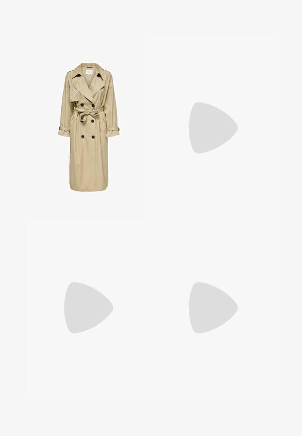 Beige trench coat dengan desain double-breasted, kerah besar, dan ikat pinggang. Memiliki lengan panjang dengan manset yang dapat disesuaikan dan saku samping.; Sininen raidallinen nappipaita, jossa on kaulus, pitkät hihat ja kaareva helma. Kankaan pinta vaikuttaa sileältä ja kevyeltä. Nappilukitus edessä.; Musta leveälahkeinen housut, jotka on valmistettu sileästä kankaasta. Housuissa on keski-korkea vyötärö, vyölenkit ja siisti, muotonsa pitänyt siluetti.; Laivansininen mokkanahkainen lenkkari valkoisella kumipohjalla. Siinä on pyöreät nauhat, matala profiili ja pieni kultainen logo sivussa.; Silmärilakkiset tortoiseshell-aurinkolasit, joissa on pitkänomaiset ovaalit linssit, ruskea sävy, kultaiset logo-koristeet temppeleissä ja sulavalinjaiset mustat varret.