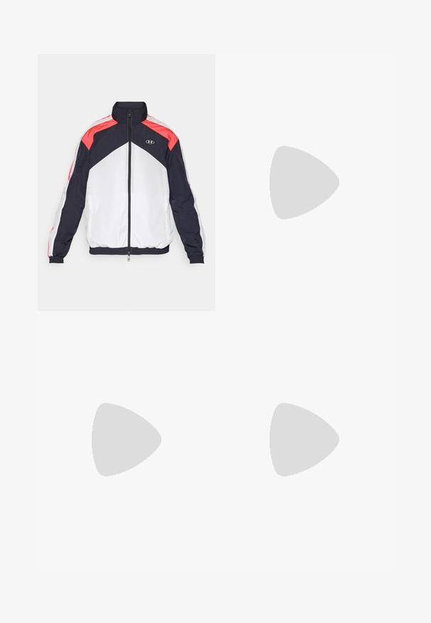 Under Armour ICON TRACK - Training jacket - white/black; Black short-sleeve athletic shirt made of textured, breathable fabric; features a round neckline and logo on the left chest.; Navy blue shorts with an elastic waistband, two side zip pockets, and a small embroidered logo at the hem. Soft, stretch fabric.; Navy athletic shoes with a textured mesh upper, white rubber sole, and contrasting white accents. Lace-up design with a rear pull tab.