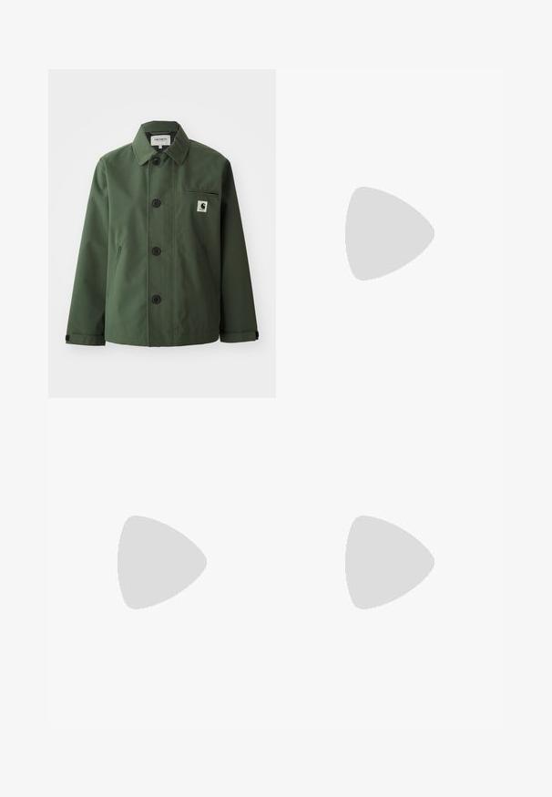 Dark green jacket made of smooth fabric with a straight cut, featuring a collar, front buttons, chest pocket, and side pockets.; Dark gray zip-up sweater with a cable knit pattern, collared design, and ribbed cuffs and hem. Features a silver zipper closure.; Black cotton t-shirt with a relaxed fit. Features a round neck and short sleeves. Includes a small gold embroidered logo on the chest.; Dark denim skirt with a high waist, straight cut, front pockets, and stitched seams. Features a zip and button closure at the waist.; Pair of white sneakers with maroon accents, textured panels, flat black outsole, and light laces, worn with white ankle socks.