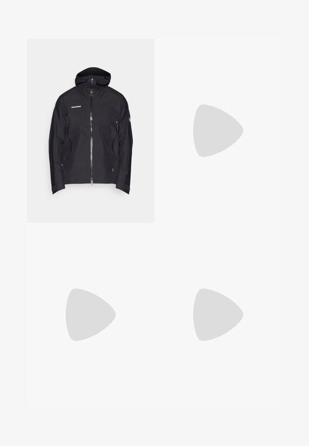 Svart utomhusjacka med dragkedja framtill, justerbar huva och två sidofickor med dragkedja. Tillverkad av vattentätt material med en minimal design.; Vit långärmad T-shirt i bomull med rund halsringning. Har en liten svart logotyp på bröstet. Slät textur, normal passform.; Herrars bruna arbetsbyxor med framfickor, bälteshängare, knappstängning och en liten cirkulär logotyp på höger lår.; Svart vandringskänga med en strukturerad ovandel, förstärkt tå och Vibram-sula. Snörningssystemet inkluderar krokar för en säker passform.