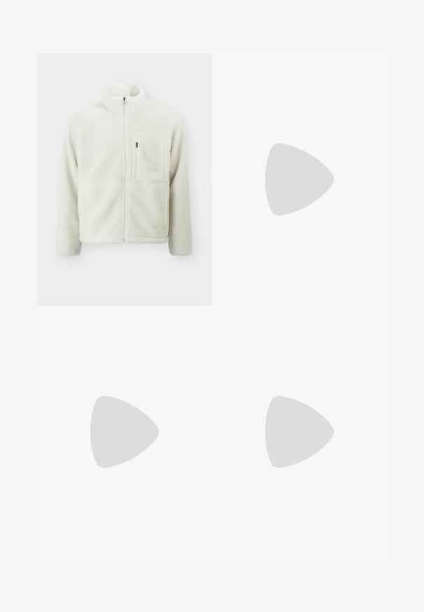 The North Face EXTREME JACKET - Fleece jacket - white dune; Gray long-sleeve crewneck sweatshirt with ribbed texture, featuring a small square logo patch on the left chest and ribbed cuffs.; Gray cargo pants made of durable fabric. Features include an elastic waistband, two large side pockets, and a straight-leg cut.; Gray Nike Air Max sneakers featuring a mesh and synthetic upper, wave-like design, black accents, and a visible air cushioning unit.