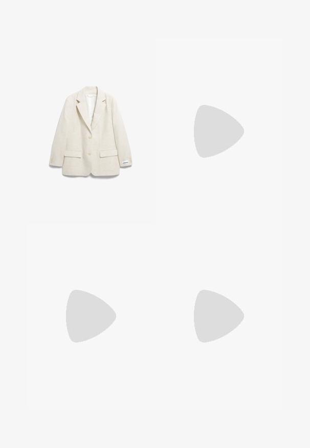 Blazer de lino beige con solapas de muesca, dos bolsillos frontales y puños de tres botones, con una etiqueta cosida en la manga.; Sudadera negra con cuello redondo, hombros caídos, puños acanalados y un pequeño logo amarillo en el pecho. Textura de tela suave.; Vaqueros de mezclilla de color crema con un ajuste holgado, cinco bolsillos, herrajes de cobre y costuras tonales. Presentan un cierre de botón y trabillas para cinturón.; Zapatos beige con acentos negros, paneles laterales de malla y un sistema de lazado seguro. Suelas de goma gruesa con dibujo. Usados con calcetines blancos.