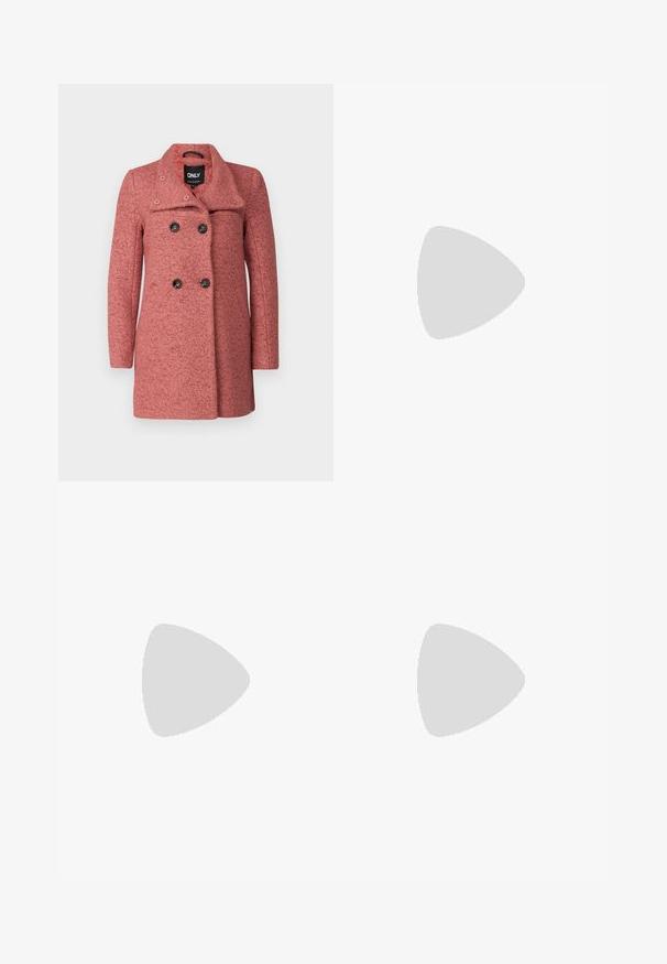 Kaksirivinen takki teksturoidusta vaaleanpunaisesta kankaasta, jossa on viilennyskaulus, neljä mustaa nappia ja pitkät hihat lisäämään lämpöä.; Kolme pitkähihasta lyhyttä toppia pinottuna, värit valkoinen, beige ja vaimea teal, pyöreillä kaula-aukkoilla vaaleanharmaata taustaa vasten.; Burgundy-elastic vyötäröhousut, joissa on säädettävä nyöri, kapenevat lahkeet ja sileä, pehmeä kangas. Etupleaat tarjoavat hoidettua ilmettä.; Mustat nahka nilkkurit, joissa on paksut, uritetut pohjat, nauhakiinnitys edessä ja vetotappi sileällä valkoisella taustalla.; Kultaketjut kullasta, joissa on sileä, kiiltävä pinta. Pyöreä muotoilu, jossa on pieni tappi ja kirkas taustalevy turvalliseen käyttöön.