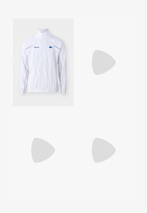 Weißer Zip-up-Jacke mit blauen und roten Akzentlinien. Verfügt über elastische Bündchen, Stehkragen und Logo auf der linken Brust. Glatte Textur.; Weißes Polohemd aus strukturiertem Stoff mit einem blauen Akzentstreifen. Verfügt über einen Kragen, kurze Ärmel und ein Logo auf der linken Brust.; Weiße Sportshorts mit roten Seitenstreifen, elastischem Bund und blauem Logo. Glattes Material und Design bis zur Mitte des Oberschenkels.; Schwarze und grüne Sneakers mit einem gemusterten Mesh-Obermaterial, weißem Swoosh-Logo, gepolstertem Kragen und einer sichtbaren Luftpolsterung in der Sohle.