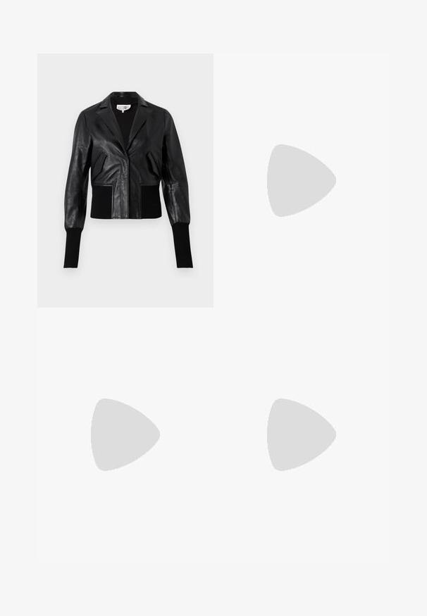 Black leather cropped jacket with a tailored collar, ribbed cuffs, and two front pockets. Smooth texture with a shiny finish.; Black t-shirt with short sleeves featuring a fringe design across the chest. The fringe is made of textured material, adding dimension.; Wide-leg trousers in dark gray fabric. Features a smooth texture, two back pockets with button closures, and a classic waistband.; Black leather open-toe mule with a sleek, curved design, high stiletto heel, and smooth texture. The interior features a contrasting light color.