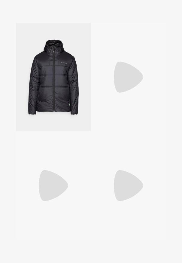 Vaude NEYLAND HOODED  - Winterjacke - black; Beige Baumwoll-T-Shirt mit kurzen Ärmeln, Rundhalsausschnitt und einem kleinen schwarzen Logo auf der linken Brustseite. Glatte Textur, lässiges Design.; Beige leichte Cargo-Hose mit elastischem Bund, seitlichen Reißverschlusstaschen und einem schmal zulaufenden Bein für einen lässigen Sitz.; Schwarze Outdoor-Schuhe aus Mesh und synthetischem Material, mit einer strukturierten Oberseite, gesichertem Schnürsystem und griffiger Laufsohle, auf felsigem Gelände.