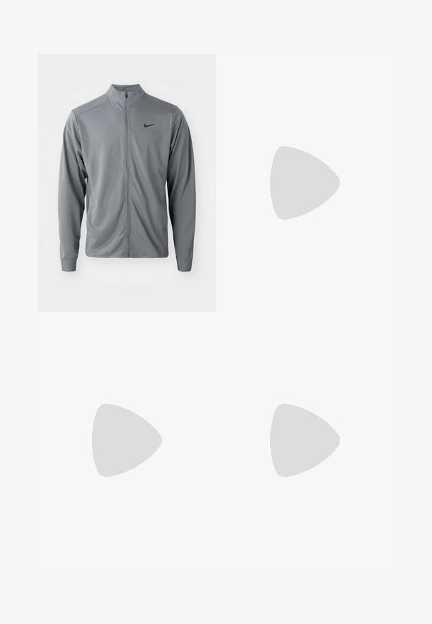 Gray zip-up jacket with a mock collar, made of smooth, lightweight fabric. Features black Nike logo on the left chest and long sleeves.; Light gray short-sleeve T-shirt with a textured ribbed pattern and a small logo on the chest. Round neckline, relaxed fit.; Multicolored swim shorts featuring a wave pattern in orange, blue, and light peach. Elastic waistband with a black drawstring.; Light pink athletic shoes with black accents, mesh upper, and a red sole. Paired with white ribbed Nike socks.