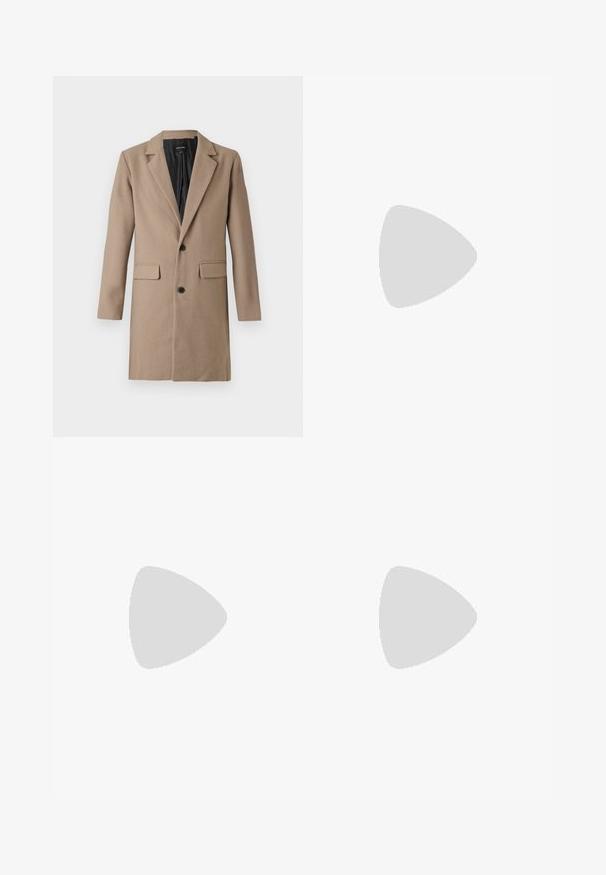 Beige wool blend coat with a notched collar, long sleeves, two front pockets, and two black buttons. Inner lining is black.; White short-sleeve T-shirt in a ribbed texture. Round neckline, relaxed fit, no visible patterns or accents. Simple and versatile design.; Olive green pants made of cotton with a straight-leg design, featuring ribbed accents on patch pockets and contrasting stitching.; White athletic shoes featuring a textured knit upper, flat laces, and a cushioned sole with visible air chambers for added support.