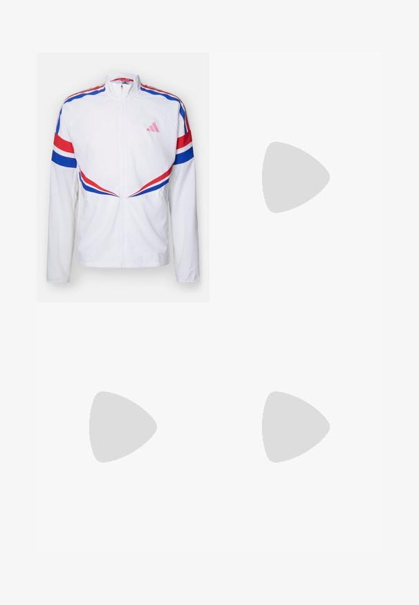 Witte zip-up jas met rode en blauwe stripes over de schouders en aan de zijkanten. Kenmerkt zich door een roze logo op de borst en een gestructureerde stof.; Paarse polo shirt van gladde stof, met een kraag met drie knopen, een wit Adidas-logo op de borst en drie verticale strepen op de mouwen.; Witte sportbroek van gladde stof, met een elastische tailleband en smalle taillebanden, voorzien van een zwart logo op de achterzak.; Lichte hardloopschoenen in lichtblauw met zwarte strepen. Beschikt over een soepele bovenkant, ronde neusstuk en dikke witte tussenzool met het label "LIGHTSTRIKE PRO."