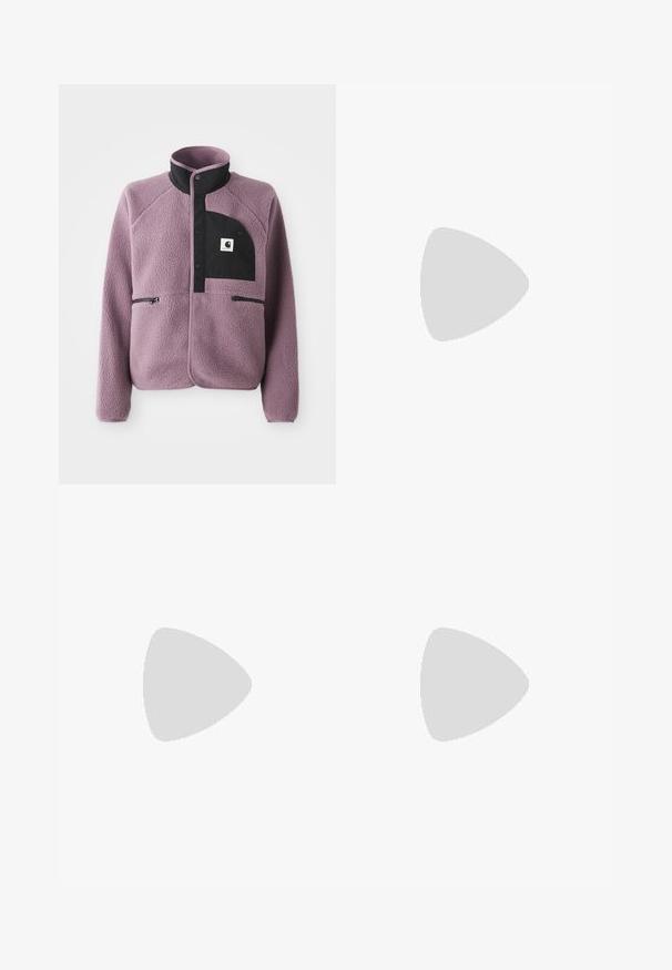 Purple fleece jacket with black buttoned pocket on chest, black collar, and two zippered side pockets.; White short-sleeve t-shirt made of soft fabric, featuring a relaxed fit, round neckline, and subtle logo detail on the chest.; Wide-leg blue denim trousers with a high waist, contrasting stitching, and side pockets, featuring a classic five-pocket design and raw hems.; Purple suede sneaker with a rounded shape, featuring an orange 'V' logo, black interior, and a gum rubber sole. Smooth texture throughout.