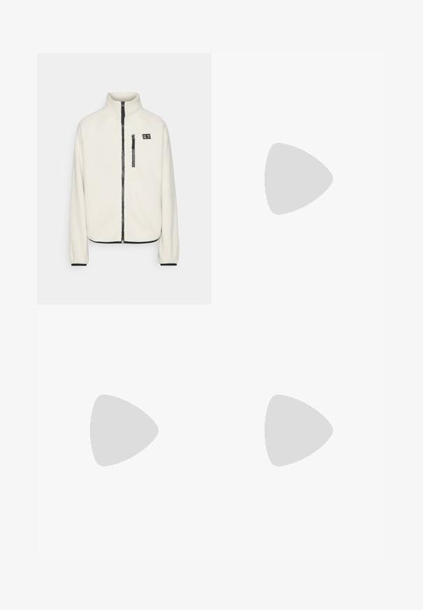 ONLY Play ONPMON - Jakna iz flisa - pumice stone; Modra skrajšana jopica z V-izrezom, rebrasto teksturo in dolgimi rokavi. Narejena iz mehkega materiala. Oznaka: even&odd.; Visoke zelene legice z geometrijskim vzorcem v odtenkih zadržanih tonov. Narejene iz raztegljivega, gladkega materiala z oprijetim krojem.; Bela športna obuvala z teksturirano mrežasto zgornjico, oblazinjeno obrobo in debelim podplatom. Ima logotip ob strani in vezalni sistem.