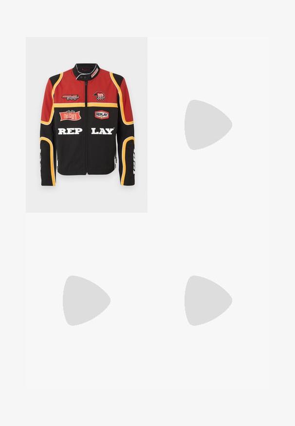 Red, black, and yellow racing jacket with zipper, patches including "Replay Helmet," "Old Glory," and bold "Replay" text on front.; White short-sleeve t-shirt with black accents. Features "REPLAY FC" logo and "Highpeformance" text in a sporty font. Made from a smooth material.; Khaki cargo pants with multiple side pockets, button waist, tapered legs, and soft, durable fabric. Reinforced stitching throughout.; Replay POLYS SCENT - Trainers - black/off white