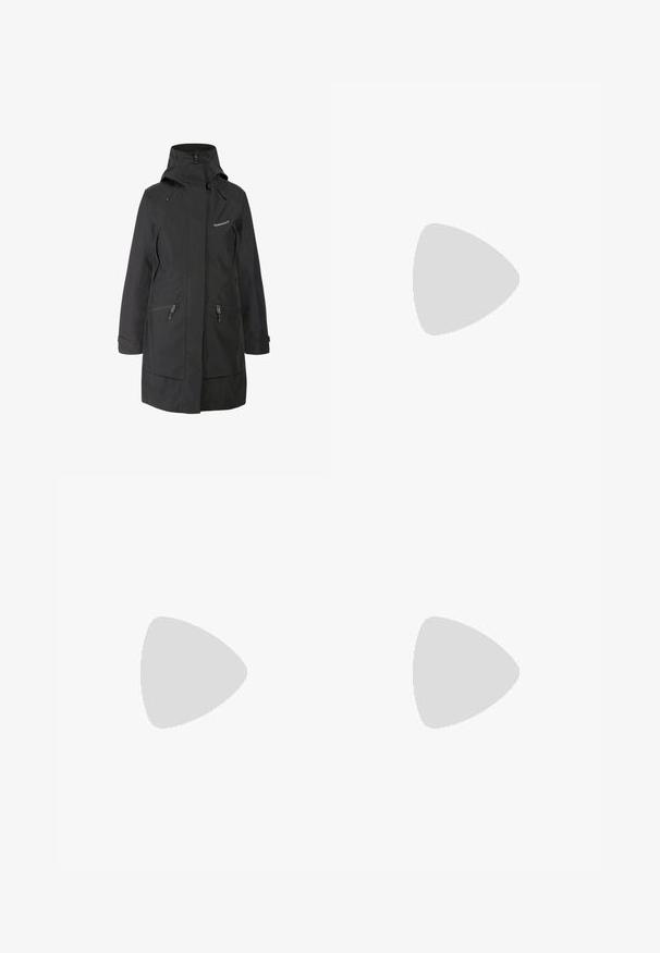 Chaqueta impermeable negra con cuello alto, capucha ajustable, dos bolsillos laterales con cremallera y un logo en el pecho. Textura lisa, ajuste entallado.; Camiseta de manga corta gris oscuro con cuello redondo y un ajuste relajado. La tela tiene un aspecto suave y texturizado.; Pantalones deportivos negros de corte ajustado, con cintura elástica y un bolsillo lateral con cremallera. Tejido suave y elástico con mínimas costuras.; Columbia REDMOND - Zapatillas de senderismo - black/citron haze