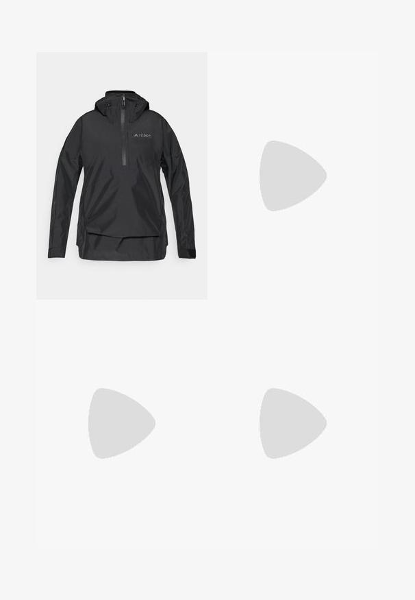 Must must kandega särk musta värvi, kõrge krae, poole tõmblukuga esiosa, reguleeritav kapuuts ja logo detail rinna piirkonnas. Sile, veekindel materjal.; Valge ja oranž lühikeste varrukatega sportlik särk диагонaalsete triipudega mustriga ja "TERREX" logo rinnal.; Mustajad, kerged väljakäimise püksid elastse vöökoha, küljetaskute ja logoga paremal ülemisel jalal. Sile veekindel kangas.; Mustudadel kingad mustade värvidega, hallide aktsentidega, võrksisuga, kummist tallaga ja kindla sidumissüsteemiga. Omab tekstuuriga paneele ja kõrget pahkluu disaini.