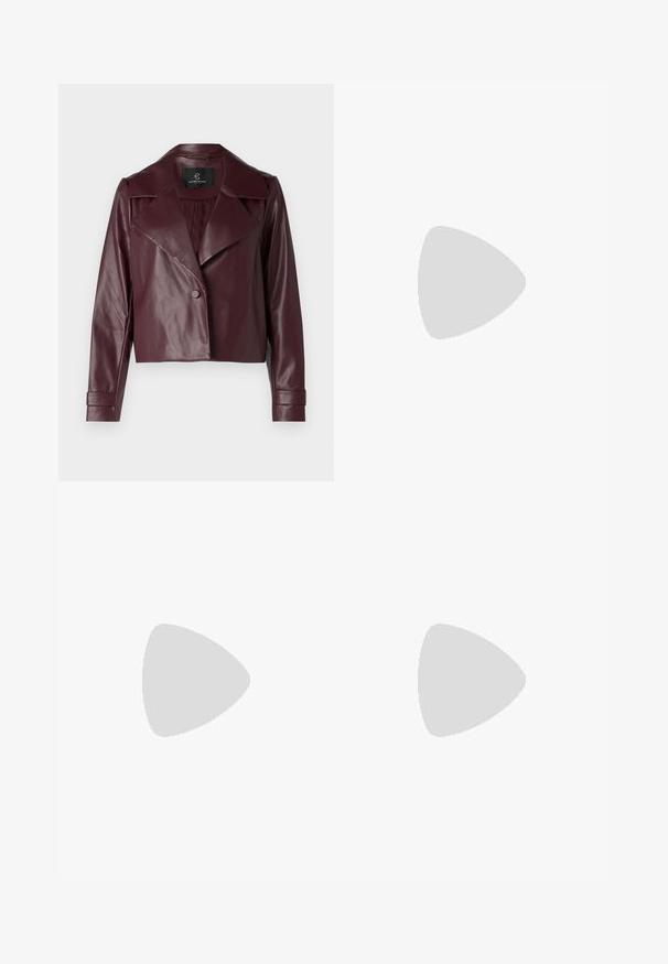 Burgundy leather cropped jacket with a notched collar, button closure, and long sleeves. Smooth texture with structured shoulders and cuffs.; Olive green cropped long-sleeve top with a ribbed texture and boat neckline. Fabric is lightweight and sheer with vertical stripes.; Cropped, long-sleeve shirt in light beige with vertical stripes. Features a pointed collar, button closure, and textured fabric.; Denim flared jeans in dark blue with a smooth texture, five-pocket design, and a button closure at the waist.; Black patent leather slingback heel with a pointed toe, sleek design, and a narrow stiletto heel. Smooth texture, minimal embellishments.; Brown crocodile-embossed handbag with a top handle and shoulder strap. Features a prominent logo on the front flap. Soft texture.