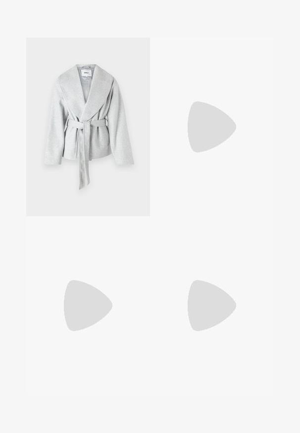 Gray wrap coat with a large lapel, long sleeves, and a tie belt at the waist; made from a soft, textured fabric.; Gray short-sleeve t-shirt with a crew neck, made from a cotton blend, featuring a smooth texture and a simple, unadorned design.; Light blue wide-leg jeans made from denim, featuring a high waist, five-pocket design, and subtle fading for a worn-in look.; White platform sneakers made of smooth synthetic material, featuring a rounded toe, lace-up design, and a textured rubber sole. Black heel accent.