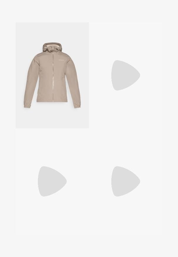 Beige waterdichte jas met een ritssluiting aan de voorkant, verstelbare capuchon, elastische manchetten en het merkembleem op de bovenste linkerkant. Glad textuur.; Zwart sweatshirt met ronde hals, ribbelmanchetten en rand. Bevat een cirkelvormig wit logo met de tekst "Columbia Sportswear" en de oprichtingsdatum.; Beige, nauwsluitende broeken van een gestructureerde stof. Voorzien van een zwarte, verstelbare tailleband en met rits afgesloten zakken aan de zijkanten.; Columbia PEAKFREAK - Outdoorschoenen - black