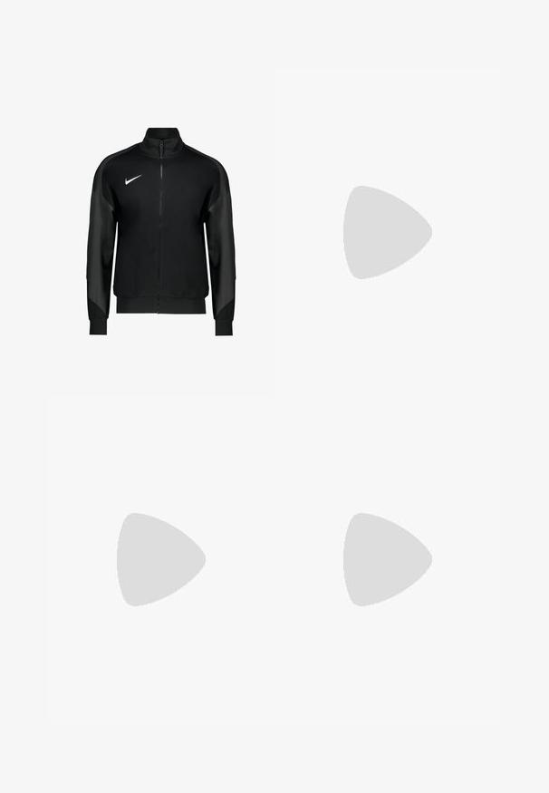 Black Nike track jacket with a full zip, high collar, contrasting fabric panels, and a white logo on the left chest.; Black short-sleeve Nike Pro athletic compression shirt with white Nike logo centered on the chest.; Black athletic shorts made of lightweight fabric, featuring an elastic waistband, side slits, a white Nike logo, and a round CFC emblem.; Black athletic shoe with a textured upper, white Nike swoosh, and a white rubber outsole. Features a lace-up design and dynamic shape.