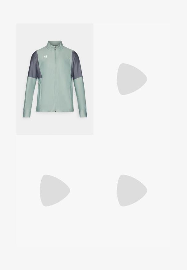 Gaiši zaļa jaku ar rāvējslēdzēju un tumši pelēkiem piedurknēm, gluda tekstūra un sānu kabatas. Uz krūtīm ir Under Armour logo.; Pelēks bezpiedurkņu pušu topiņš ar plašu apaļu kakla izgriezumu un izgriezumu aizmugurē. Izgatavots no maiga, elastīga auduma ar gludu tekstūru.; Melnas sporta legingi, kas izgatavoti no stiepjama materiāla, ar augstu jostasvietu, sānu kabatām un pieguļošiem anklets.; New Balance MINIMUS TR - Treniņkurpes - sea salt