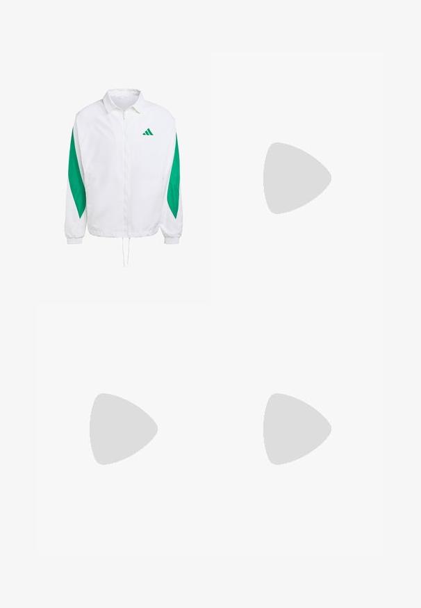 Bijela jakna s prozračnim materijalom i zelenim bočnim detaljima. Ima prednji patentni zatvarač, elastične manžete i kapu s povlačenjem. Logotip sportske marke na prsima.; Bijela kratkotrajna majica s kratkim rukavima izrađena od tkanine s glatkom teksturom. Sadrži crni adidas logotip na lijevoj strani prsnog koša i uzorak na ovratniku.; Svijetlosive Umbro sportske hlače s elastičnom navlakom i crno-bijelim bočnim prugama, prikazane na bijeloj pozadini.; Bijela trkačka cipela s crnim prugama, neon zelenim naglascima i crvenim petom. Ima lagani dizajn i teksturiranu potplat za bolji grip.