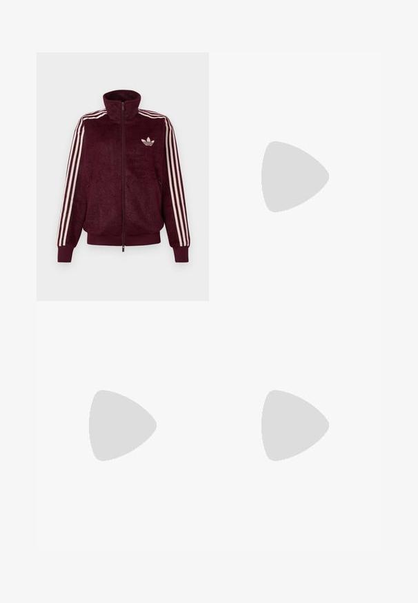 Burgundska plišasta zip-up trenirka s tremi belimi črtami na rokavih in belim Adidasovim trefoil logotipom na levi prsni strani.; Črn skrajšan T-shirt iz bombaža, z okroglo izrezom, kratkimi rokavi in belim logotipom na prsih. Gladka tekstura.; Črne široke trenirke iz mehkega blaga, z elastičnim pasom in majhnim logotipom na levi strani.; Črni antilop superge z belimi črtami in poudarki, okrogel prst, gumijasti podplat, kombinirane z belimi rebrastimi nogavicami.