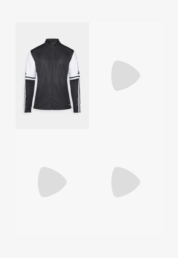 Fekete sportos dzseki cipzárral az elején, fehér ujjakkal és mindkét karon három függőleges fehér csíkkal. Simító, szintetikus anyagból készült.; Fekete, hosszú ujjú sportpóló, rugalmas anyagból készült, kerek nyakkal és sima varrásokkal. Kis logó a mellkas felső részén.; Fekete sportos nadrág elasztikus derékrésszel, két cipzáras oldalzsebbel, szűkített fazonnal és fényvisszaverő részletekkel az elején.; Fehér sportcipő texturált hálós felsőrésszel, fekete csíkokkal, fűzős záródással és párnázott talppal, egy megjelölt útfelület felett lebeg.