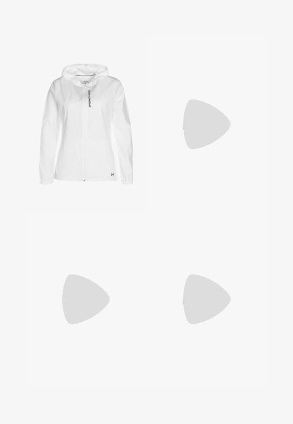 Hvid letvægtsjakke med frontlynlås, justerbar hætte, elastiske manchetter og et logo på venstre søm. Rent design, glat tekstur.; Langærmet hvid sportstrøje lavet af glat stof, med rund hals og sort logo på venstre bryst.; Sorte leggings lavet af glat, strækbart materiale med høj talje. Har et hvidt logo på venstre lår og en tætsiddende design.; Hvide og sorte sportssko med en struktureret overdel, rund tå, sorte snørebånd og en rød detalje på siden, placeret tæt ved kettlebells.