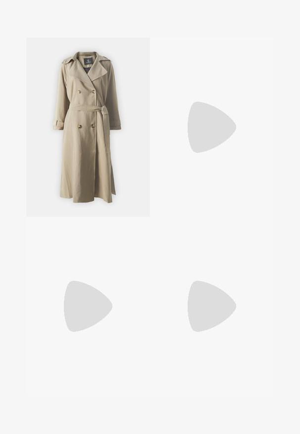 Cappotto beige con design doppiopetto, bottoni dorati, cintura e tasche a patta. Tessuto liscio, maniche di lunghezza intermedia e spacco laterale.; Top mauve a maniche lunghe con scollatura a barca, vita aderente con leggera arricciatura su entrambi i lati, mostrato disteso su sfondo bianco.; Pantaloni in pelle nera con design a gamba dritta, dotati di chiusura frontale con bottone, passanti per cintura e una texture liscia e lucida.; Scarpa slingback con tacco kitten a punta in pelle bordeaux lucida, con fascia a T e fibbia argentata su sfondo bianco.